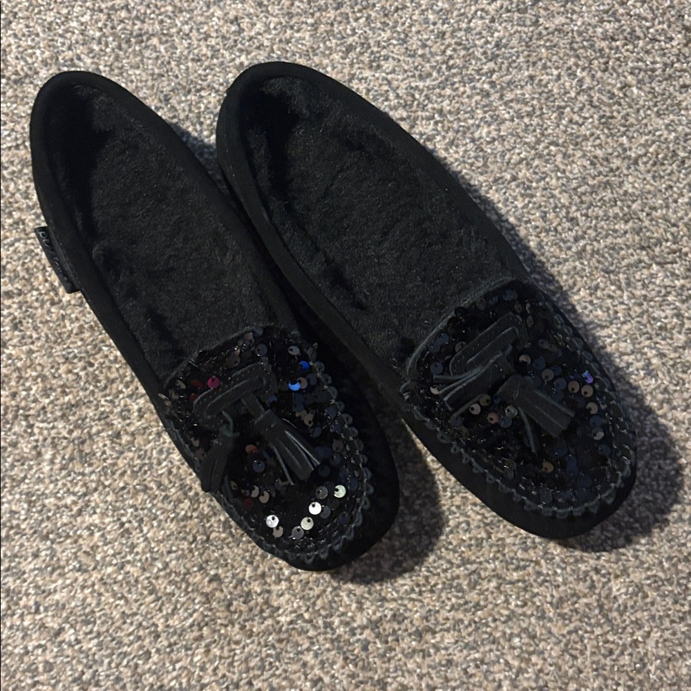 Bear Paw Black Sequin Slippers with Tassels - New in Box!